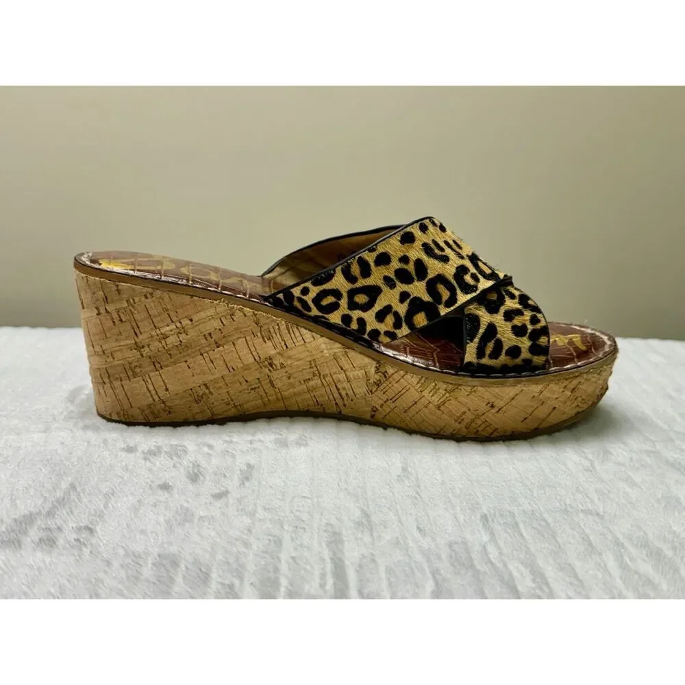 SAM EDELMAN Remini Leopard Calf Hair Cork Wedges, Sz 7.5M